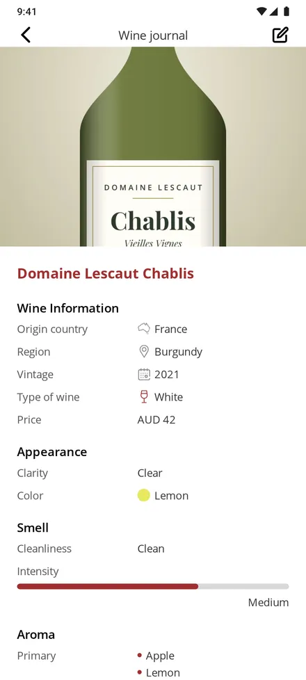 A saved note in WineBudd on Android: Domaine Lescaut Chablis 2021 with its label photo, region and tasting details.
