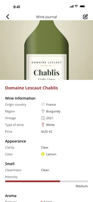 A saved note in WineBudd: Domaine Lescaut Chablis 2021 with its label photo and score.