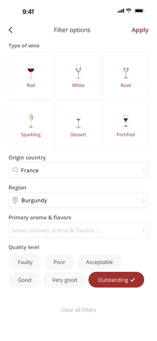 WineBudd filter: wine type, country, region, aroma and flavour, and quality level.