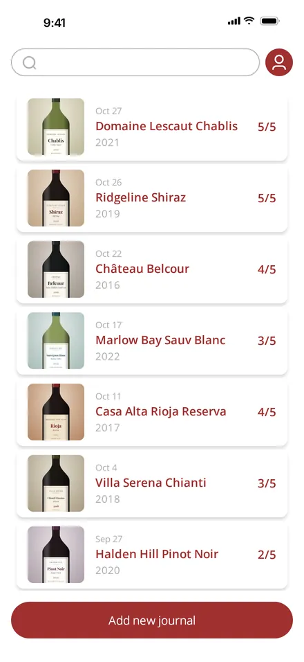 WineBudd journal on iPhone: seven saved wines with label photos, dates and scores.
